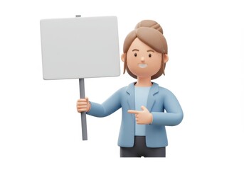 3D Illustration of Cartoon woman holding a blank sign isolated on white background