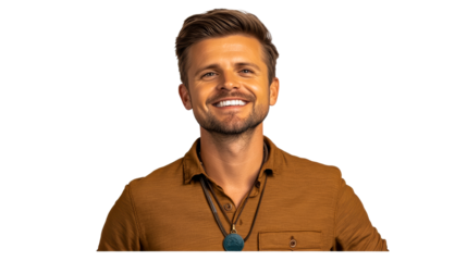 Smiling man with beard, wearing orange shirt, cut out transparent