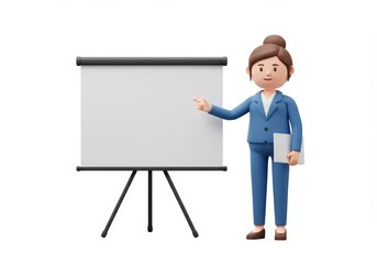 3D Illustration of Businesswoman pointing to a blank presentation board isolated on white background