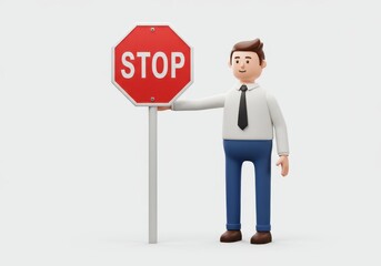 3D Illustration of Cartoon man holding a stop sign isolated on white background