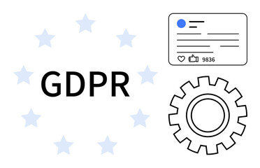 GDPR text surrounded by stars, user data card with thumbs ups and username, and gear symbol. Ideal for privacy policy, compliance, data protection, cybersecurity, online security, legal simple