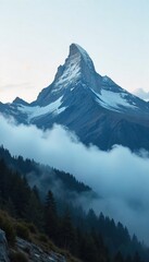 A lone, majestic mountain peak shrouded in mist, untouched and serene, representing the ultimate isolation and breathtaking beauty , sky, nature