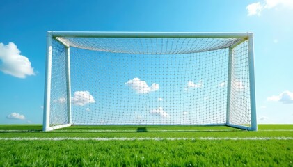 Empty soccer goal net against a bright blue sky, ready for the next game , bright, mesh, empty