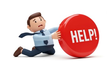 3D Illustration of Cartoon businessman running away from a red help ball isolated on white background
