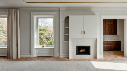 Obraz premium Elegant interior design featuring a cozy fireplace and large windows in a modern living space