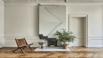 Obraz premium Modern interior design featuring a unique fireplace and stylish wooden chair in a bright room