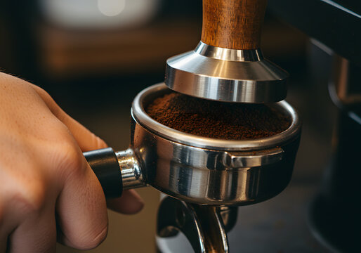 Barista tamping coffee grounds close up