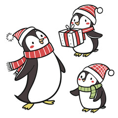 set of cute Christmas penguins isolated on white background