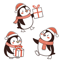 set of cute Christmas penguins isolated on white background