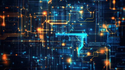Complex digital circuit board with glowing connections for technological advancements
