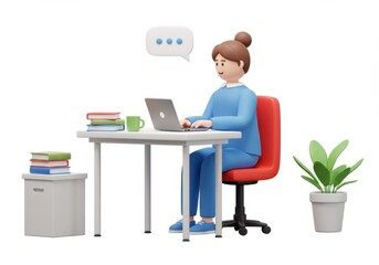 3D Illustration of Cartoon woman working on laptop at desk isolated on white background