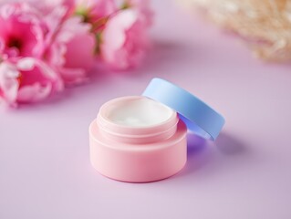 An alluring close-up shot of a cosmetic cream jar, its soft pink hue complementing the delicate petals of pink flowers. This image showcases a sense of beauty and purity.