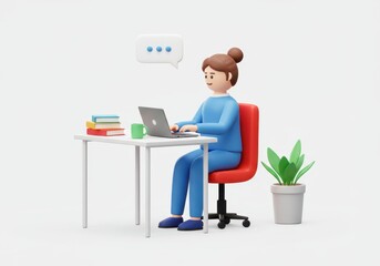 3D Illustration of Cartoon woman working on laptop at desk with books and plant isolated on white background