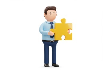 Obraz premium 3D Illustration of Cartoon businessman holding a yellow puzzle piece isolated on white background
