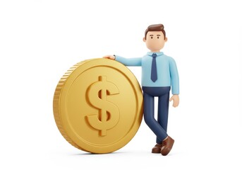 3D Illustration of Cartoon businessman leaning on a gold coin isolated on white background