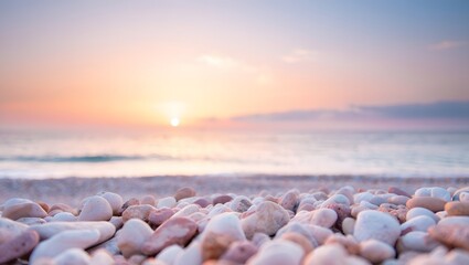 Peaceful sunrise over calm ocean, white pebbles in foreground.