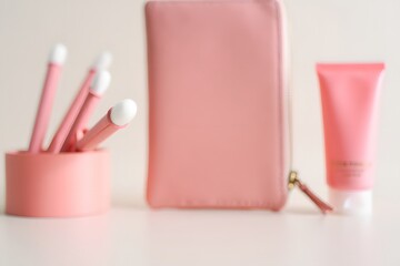 A minimalist composition, showcasing a harmonious collection of makeup brushes, a small purse, and a cosmetic cream tube, each in a soft, inviting pink hue.