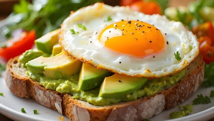 A delectable breakfast delight featuring an avocado toast topped with a sunny-side-up egg. A culinary journey begins here, with textures and flavors that dance on the palate.