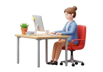 3D Illustration of Woman working at computer with plant and books isolated on white background