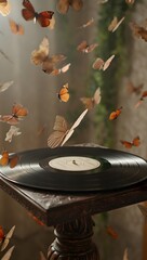 A mesmerizing visual of butterflies emerging from a vinyl record, with antique aesthetic and the magic of music merging with nature.