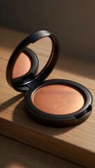 A luxurious bronze compact blush rests open on a warm wooden surface, reflecting a soft, natural light. The subtle shimmer and smooth texture are inviting.