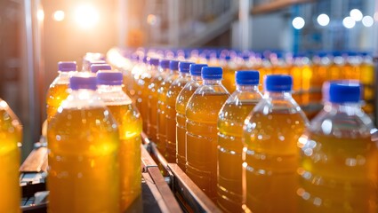 Rows of bottled liquid flow through an automated conveyor system, symbolizing industry efficiency and precision. Each bottle, neatly arranged, presents an image of seamless industrial operations.