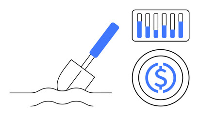 Shovel breaking ground next to coin symbolizing money and growth, accompanied by a bar chart for financial metrics. Ideal for startup, investment, business, success, growth, progress, simple landing