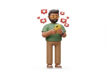 3D Illustration of Cartoon man using smartphone with social media notifications isolated on white background