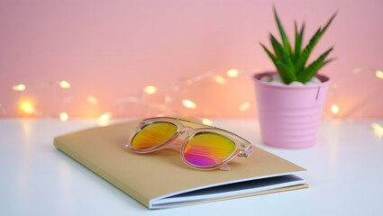 Sunglasses rest gracefully upon a closed notebook, accompanied by a charming potted succulent against a soft backdrop of delicate fairy lights, embodying a scene of relaxation and effortless style.