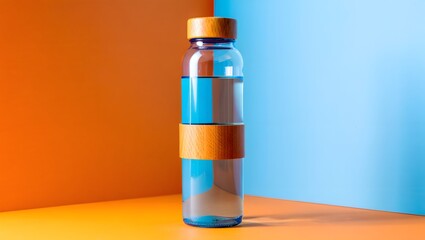 A refreshing water bottle against a vibrant backdrop, captured in a modern, minimalist aesthetic. The transparent container holds clear liquid.