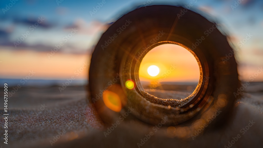 Poster a unique perspective of the sun through a tunnel on the beach, offering a glimpse of the day's end. 