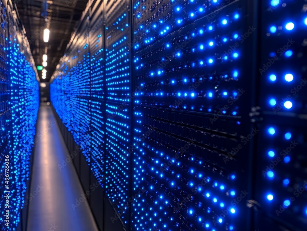 Poster data center's neon symphony: a state-of-the-art data center glows with a mesmerizing display of blue