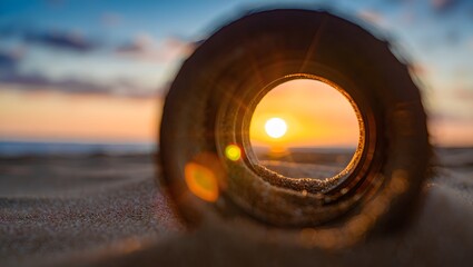 A unique perspective of the sun through a tunnel on the beach, offering a glimpse of the day's end. Capturing the perfect alignment with a vivid gradient horizon in a peaceful setting.