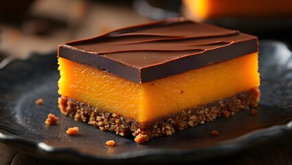 A mouthwatering square of delicious chocolate dessert, featuring layers of rich chocolate ganache and creamy filling.
