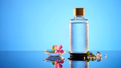 A serene, minimalist composition presents a bottle of liquid, artfully arranged with floral elements and ice against a calming blue backdrop, suggesting tranquility and rejuvenation.