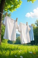 Crisp, clean linens on a clothesline billowing gently in a summer breeze; the epitome of fresh laundry drying naturally in the sun , outdoor, blue, white