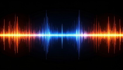 Abstract sound wave visualization with glowing orange and blue light spectrum, digital audio waveform, futuristic technology equalizer, electronic music background and data analysis concept
