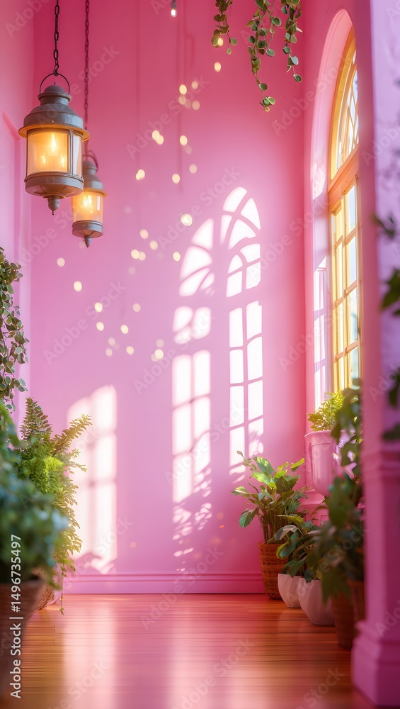 Poster a corridor bathed in the soft glow of natural light, with elegant arch window casting intricate shad