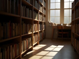 Sunlight streams through a library window, illuminating rows of bookshelves and casting shadows across the room, inviting to immerse yourself in the tranquility of knowledge and quiet study.