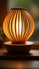 A captivating wooden lamp, with its warm, inviting glow casting intricate shadows in a cozy interior, creating an ambiance of tranquility and relaxation.