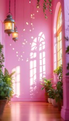 A corridor bathed in the soft glow of natural light, with elegant arch window casting intricate shadows on the walls, adorned with hanging lamps and potted plants.