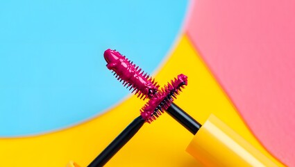 A close-up of a vibrant makeup scene, featuring a mascara brush revealing a colorful and artistic beauty product, and showcasing the world of cosmetics, fashion and beauty.