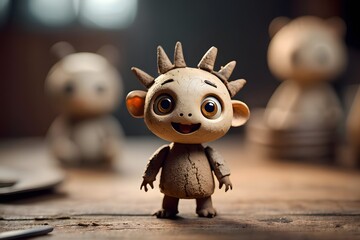 A charming, whimsical wooden figurine with a cheerful expression, smiles warmly at the camera, radiating a sense of playfulness and joy, stands on a rustic wooden surface.