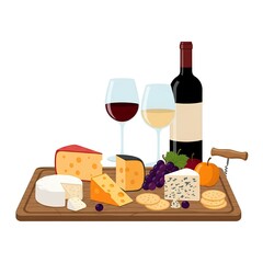 Illustration of a wooden board with assorted cheeses, crackers, grapes, and a bottle of red wine with two glasses, one filled with red wine and the other with white wine.
