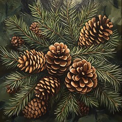 Fototapeta premium Pine cones and branches in a detailed still life painting.