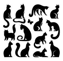 Collection of Cat Silhouette Vector Illustration – Minimal Black Cat Shapes, Sitting and Walking Poses, Feline Clipart for Pet Logo, Tattoo, Wall Art, Stickers, and Graphic Design Elements