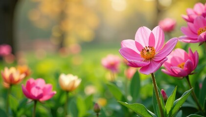 Obraz premium Vibrant spring blossoms in a lush garden, showcasing a palette of pastel pinks, yellows, and greens , spring colors, colorful, vibrant