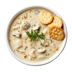 A creamy seafood chowder served in a white bowl, garnished with fresh herbs, accompanied by crispy crackers, set against a neutral background, ideal for culinary publications