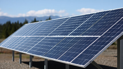Solar Panel Array in Rural Setting with Distant Mountains showcasing clean energy technology and a sustainable future with a focus on renewable resources and environmental