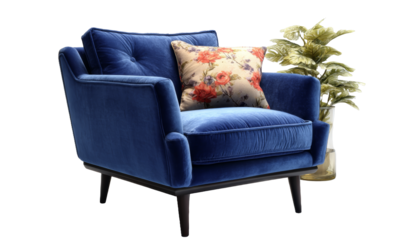[Transparent Background PNG]Elegant Blue Velvet Armchair with Floral Cushions